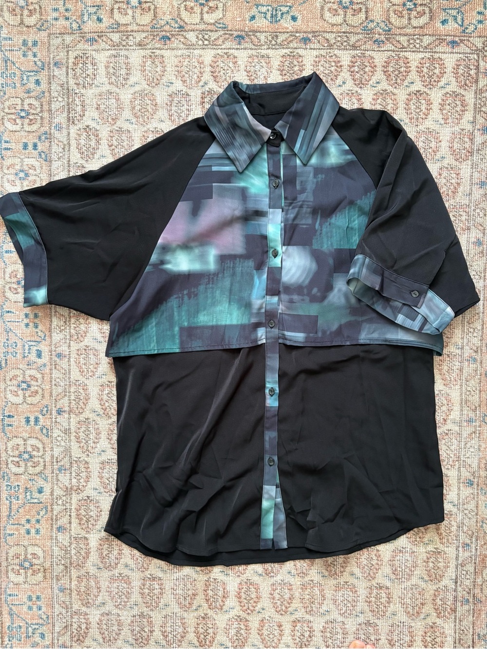 Unisex Short-Sleeve Button Shirt with Teal Abstract Panel